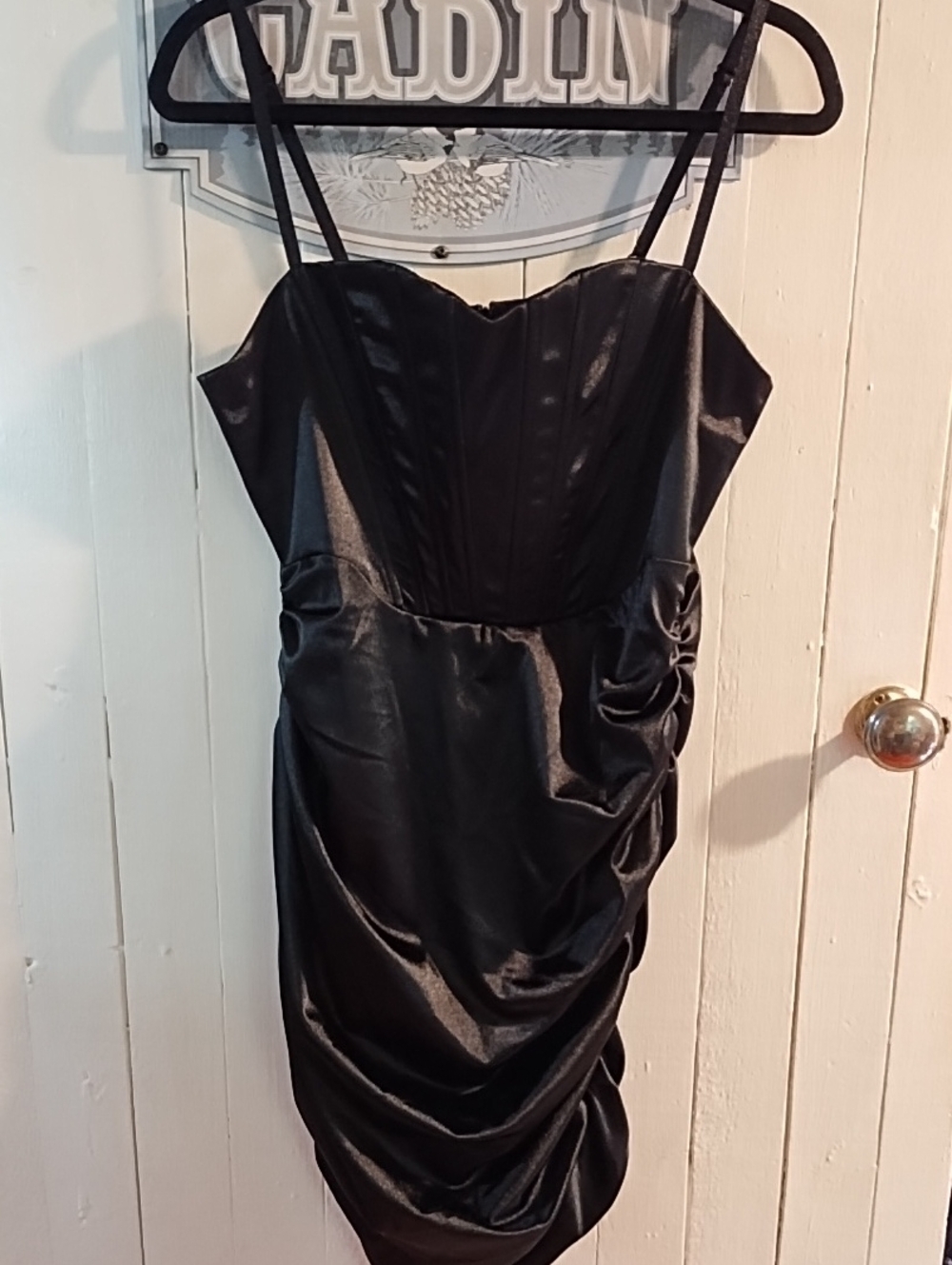 C&C EUC Black Satin Ruched Spaghetti-Strap Dress XL.